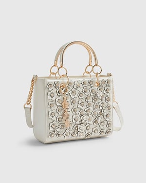 River Island Womens Tote Bag Cream Floral Applique Charms Zip