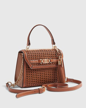 River Island Womens Tote Bag Brown Mini Weave Charm Popper