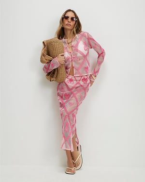 River Island Womens Maxi Skirt Pink Crochet Embroidered Beach