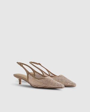 River Island Womens Court Heels Beige Diamante Mesh Slingback