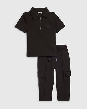 River Island Mini Boys Polo Shirt & Shorts Set Black Luminis 2 Piece