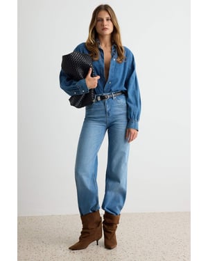 TRENDYOLMİLLA Dames Blauw Effen Wijde pijp Hoge taille Jeans