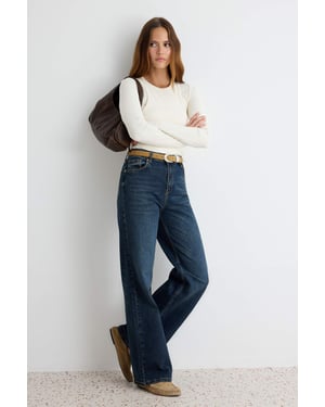 TRENDYOLMİLLA Dames Donkerblauw Effen Wijde pijp Hoge taille Jeans