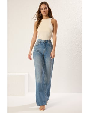 TRENDYOLMİLLA Dames Blauw Effen Wijde pijp Hoge taille Jeans