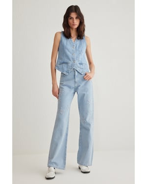 TRENDYOLMİLLA Dames Donkerblauw Bloemen Wijde pijp Hoge taille Jeans