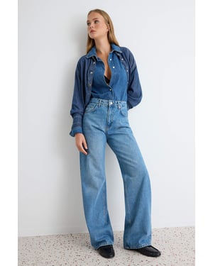 TRENDYOLMİLLA Dames Blauw Effen Wijde pijp Hoge taille Jeans