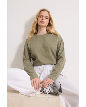 TRENDYOLMİLLA Dames Kaki Effen Lang Relaxed fit T-shirts