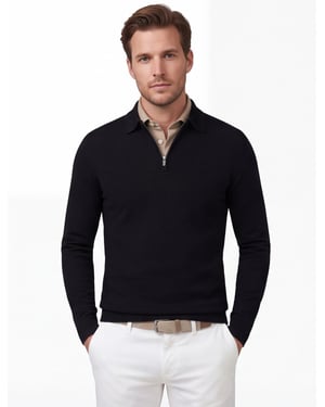 Poloshirt Cavallaro zwart merinowol met rits