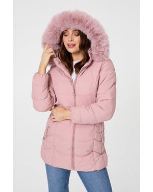 Pink Hooded Faux Fur Trim Zip Puffer Jacket