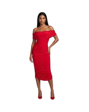 Biba Midi-jurk voor dames met ruches en blote schouders, strakke pasvorm (Rood)