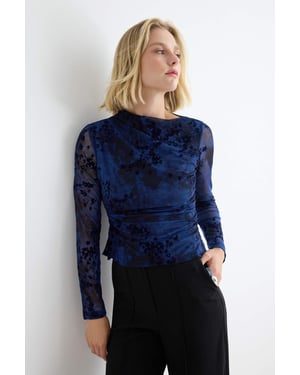 TRENDYOLMİLLA Dames Donkerblauw Bloemen Lang Getailleerd Blouses