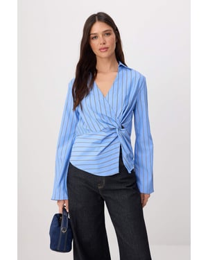 TRENDYOLMİLLA Dames Blauw Gestreept Lang Regular fit Blouses