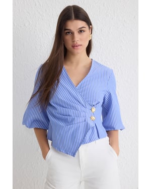 TRENDYOLMİLLA Dames Blauw Gestreept Driekwart mouw Getailleerd Blouses