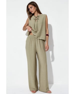 Viscose Blend Blouse with Tie Detail & Elastic Waist Pants Set