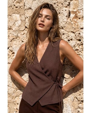 V-Neck Linen Blend Woven Vest