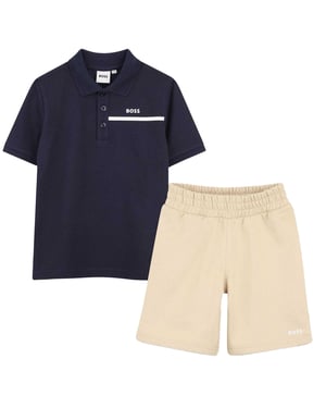 Boss Set med randig polotröja med logotyp och shorts för barn (Marinblått/Beige)