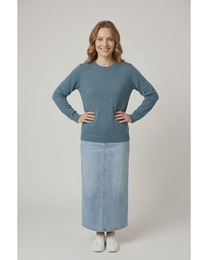 Multi Blue Floral Gemstone Embellished Jumper
