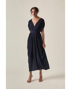 Open-Back Draped Midi Dress – Navy