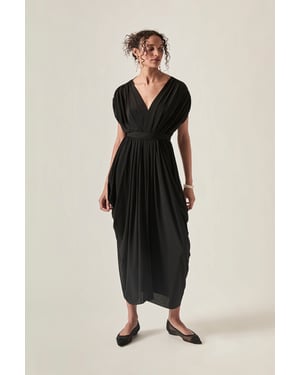 Open-Back Draped Midi Dress – Black