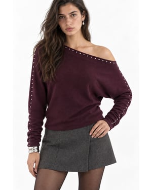 Boat Neck Blouse with Stone Accessory