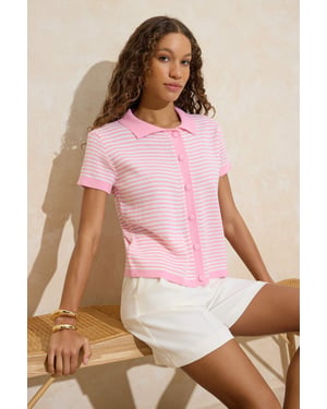 TRENDYOLMİLLA Dames Roze Gestreept Kort Regular fit Blouses