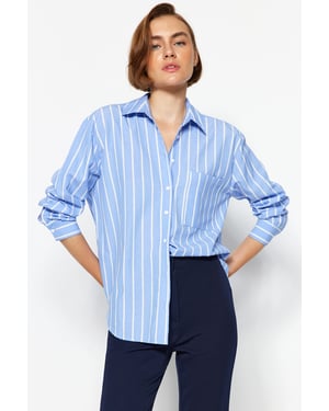TRENDYOLMİLLA Dames Blauw Gestreept Lang Oversized Overhemden