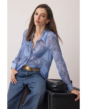 TRENDYOLMİLLA Dames Blauw Paisley Lang Regular fit Overhemden
