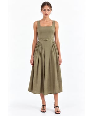 Square Collar Belted Midi Dress