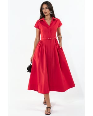 Belted Midi Dress with Shirt Collar