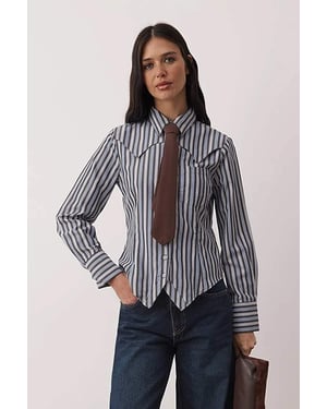TRENDYOLMİLLA Dames Bruin Gestreept Lang Slim fit Overhemden