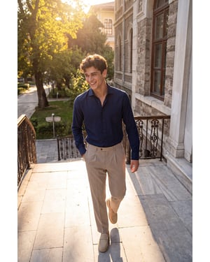 TRENDYOL MAN Heren Donkerblauw Effen Lang Regular fit Overhemden