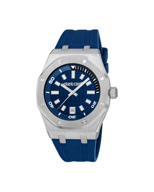 ROBERTO CAVALLI Men Watch, Silver Color Case, Dark Blue Dial, Dark Blue Silicone Strap, 3 Hands Date, 3 ATM