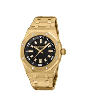 ROBERTO CAVALLI Men Watch, Gold Color Case, Black Dial, Gold Color Metal Bracelet, 3 Hands Date, 3 ATM