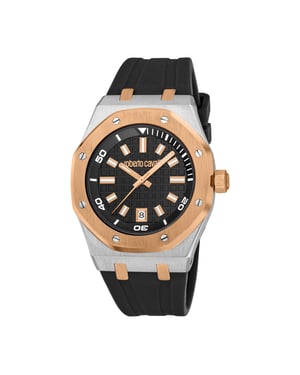 ROBERTO CAVALLI Men Watch, Two Tone Silver & Rose Gold Color Case, Black Dial, Black Silicone Strap, 3 Hands Date, 3 ATM