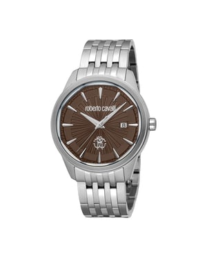 ROBERTO CAVALLI Men Watch, Silver Color Case, Sand Dial, Silver Color Metal Bracelet, 3 Hands Date, 5 ATM