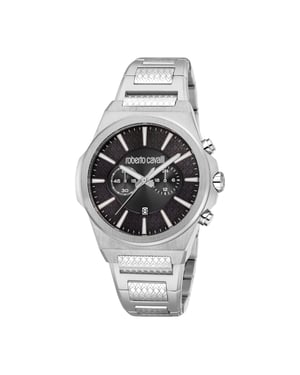 ROBERTO CAVALLI Men Watch, Silver Color Case, Black Dial, Stainless Steel Metal Bracelet, Chronograph, 10 ATM