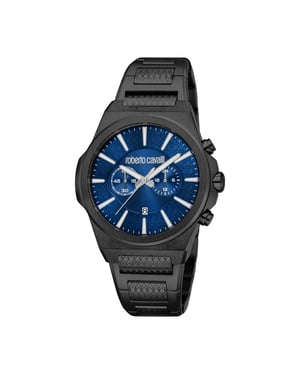 ROBERTO CAVALLI Men Watch, Black Color Case, Dark Blue Dial, Black Color Metal Bracelet, Chronograph, 10 ATM