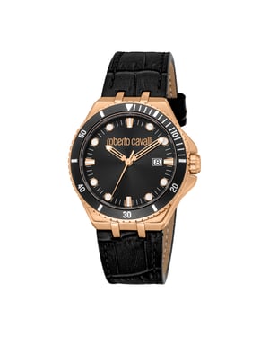 ROBERTO CAVALLI Men Watch, Rose Gold Color Case, Black Dial, Black Leather Strap, 3 Hands Date, 10 ATM