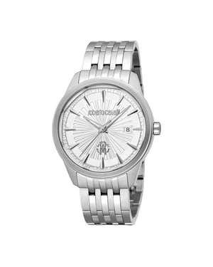 ROBERTO CAVALLI Men Watch, Silver Color Case, Silver Dial, Stainless Steel Metal Bracelet, 3 Hands Date, 5 ATM