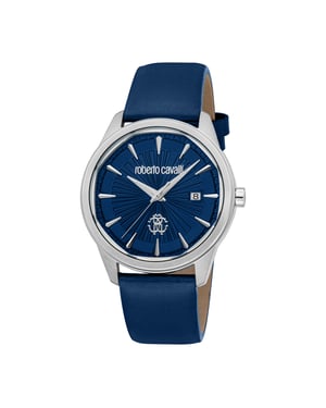 ROBERTO CAVALLI Men Watch, Silver Color Case, Dark Blue Dial, Dark Blue Leather Strap, 3 Hands Date, 5 ATM