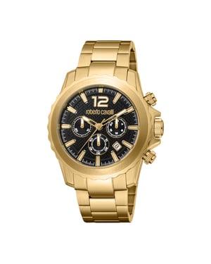 ROBERTO CAVALLI Men Watch, Gold Color Case, Black Dial, Gold Color Metal Bracelet, Chronograph, 10 ATM