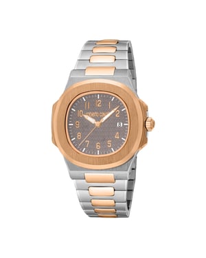 ROBERTO CAVALLI Men Watch, Two Tone Silver & Rose Gold Color Case, Dark Grey Dial, Two Tone Silver & Rose Gold Color Metal Bracelet, 3 Hands Date, 3 ATM