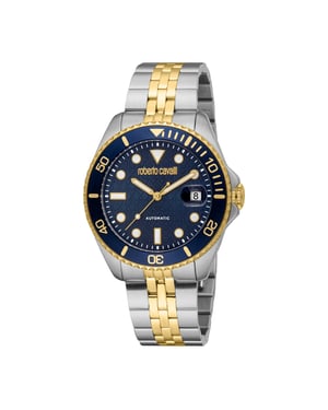 ROBERTO CAVALLI Men Watch, Two Tone Silver & Gold Color Case, Dark Blue Dial, Two Tone Silver & Gold Color Metal Bracelet, Automatic, 10 ATM