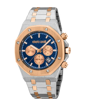 ROBERTO CAVALLI Men Watch, Two Tone Silver & Rose Gold Color Case, Dark Blue Dial, Two Tone Silver & Rose Gold Color Metal Bracelet, Chronograph, 3 ATM