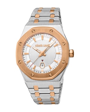ROBERTO CAVALLI Men Watch, Two Tone Silver & Rose Gold Color Case, Silver Dial, Two Tone Silver & Rose Gold Color Metal Bracelet, 3 Hands Date, 3 ATM