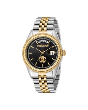 ROBERTO CAVALLI Men Watch, Two Tone Silver & Gold Color Case, Black Dial, Two Tone Silver & Gold Color Metal Bracelet, 3 Hands Day-Date, 5 ATM
