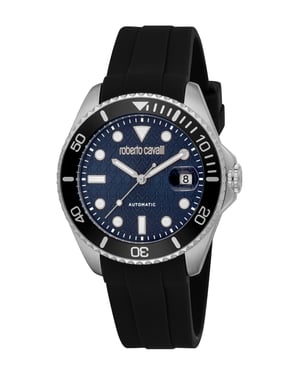 ROBERTO CAVALLI Men Watch, Silver Color Case, Dark Blue Dial, Black Silicone Strap, Automatic, 10 ATM