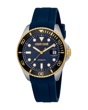 ROBERTO CAVALLI Men Watch, Two Tone Silver & Gold Color Case, Dark Blue Dial, Dark Blue Silicone Strap, Automatic, 10 ATM