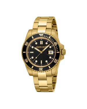 ROBERTO CAVALLI Men Watch, Gold Color Case, Black Dial, Gold Color Metal Bracelet, 3 Hands Date, 5 ATM