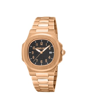 ROBERTO CAVALLI Men Watch, Rose Gold Color Case, Black Dial, Rose Gold Color Metal Bracelet, 3 Hands Date, 3 ATM